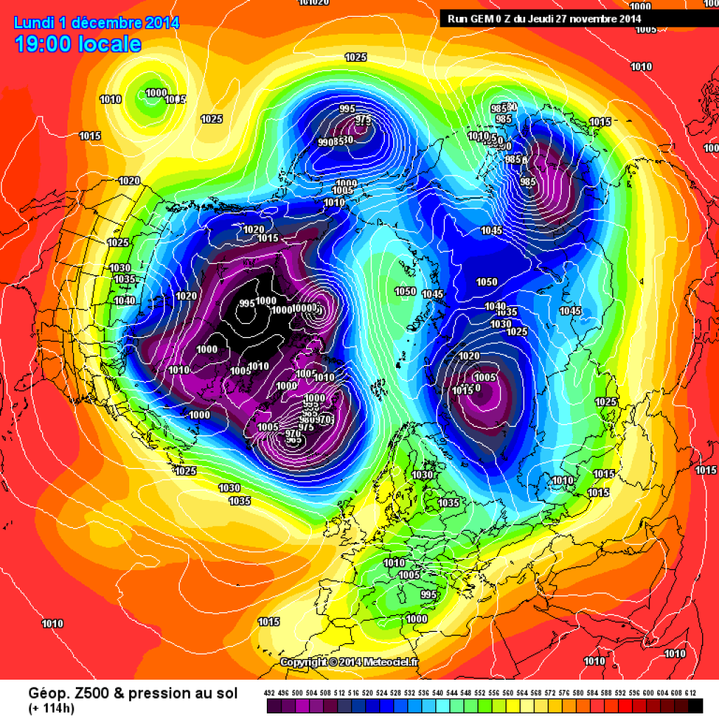 Northern hemisphere map, geopotential in 500hPa and ground pressure for next Monday (1.12.14)