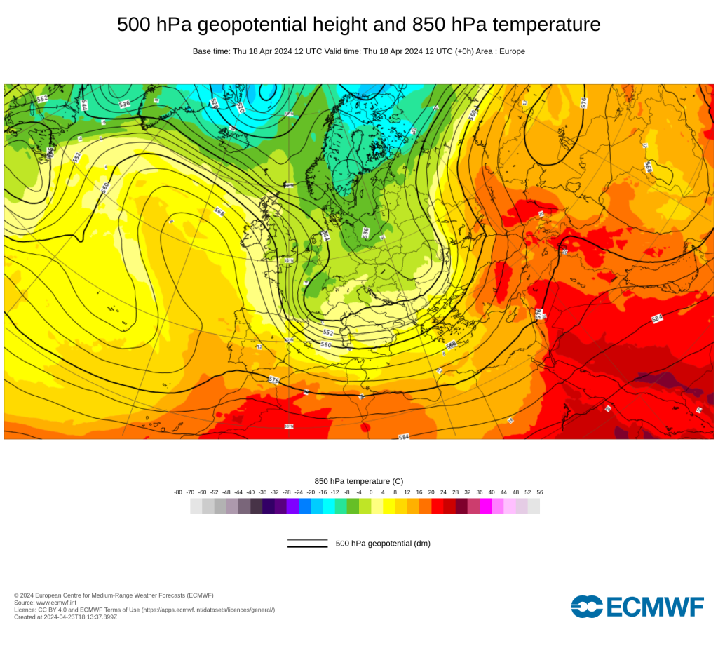 Weather situation on 18 April 2024: The Azores High stretches far to the north and causes the formation of a trough that brings Arctic air masses to Europe.