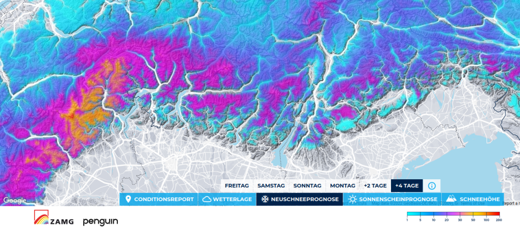 Amount of fresh snow for the next 4 days: abundant from the Maritime Alps to the Julian Alps
