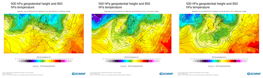 Cold air arrives. Geopotential height at 500 hPa and air temperature at 850 hPa, from left to right: Tuesday, Friday and Tuesday next week.