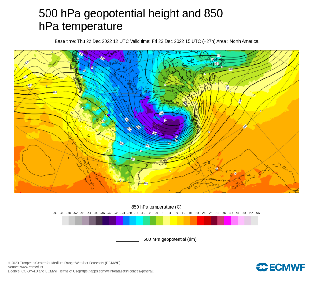 500hPa geopotential and 850hPa temperatures show the structure and coldness of the blizzard.