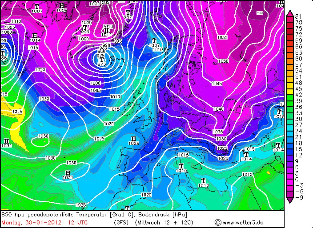 Ground pressure and equivalent potential temperature at 850hPa on Monday, January 30, 2012. A cold high from Russia is also causing low temperatures in central Europe and blocking disturbances from the Atlantic.