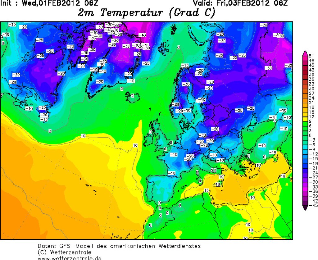 2 meter temperature on Friday, 3.2.2012. Cold high Cooper ensures extremely low temperatures across the board.