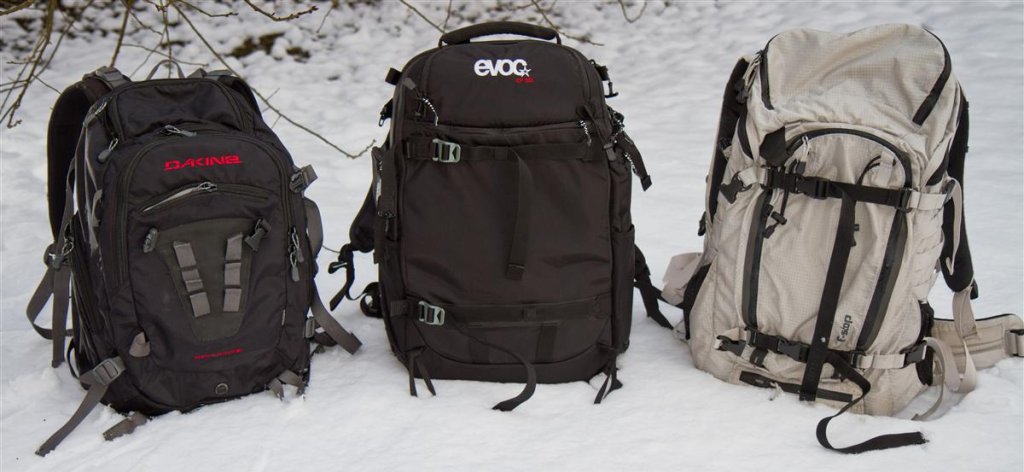 The three test candidates: Dakine Sequence, EVOC CP 35L & F-Stop Satori EXP (from left to right)