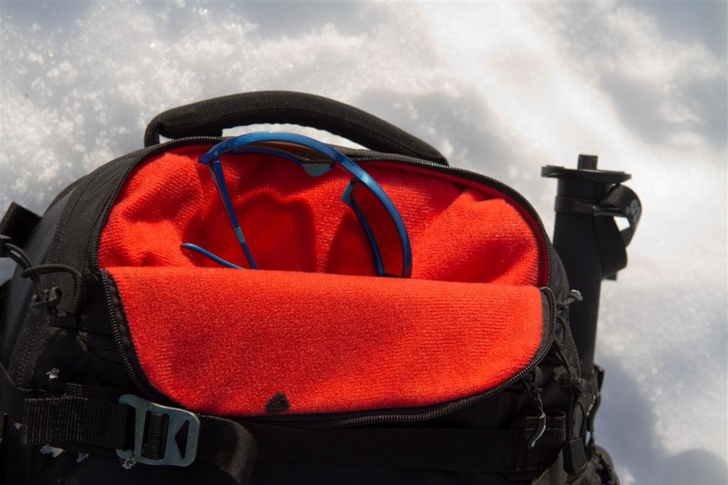 The soft-lined goggle compartment is extremely useful on the mountain