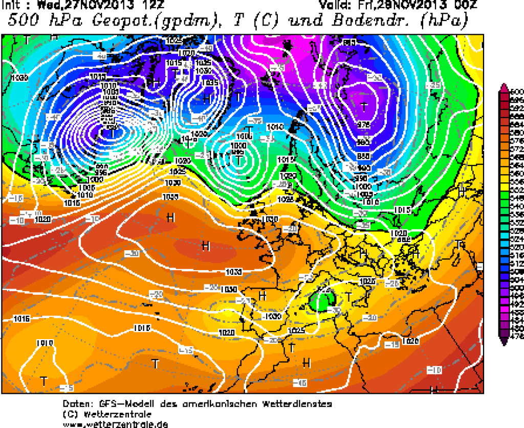 500hPa geopotential and ground pressure, forecast for Thursday, 28.11.