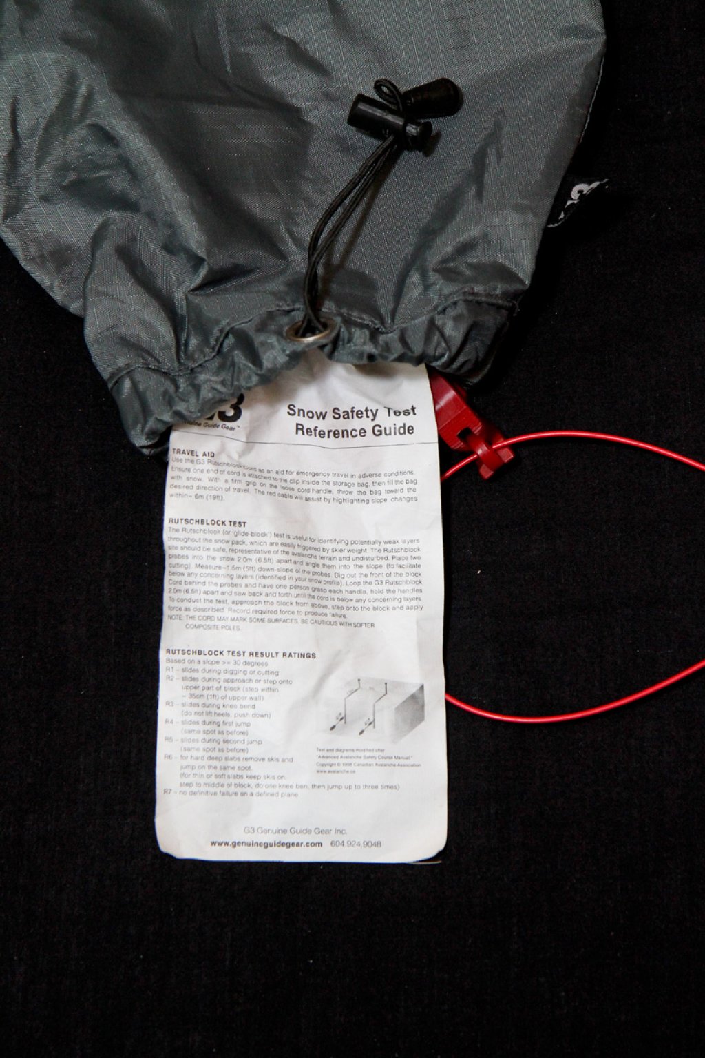 Instructions for the slide block test and shovel compression test are sewn into the bag