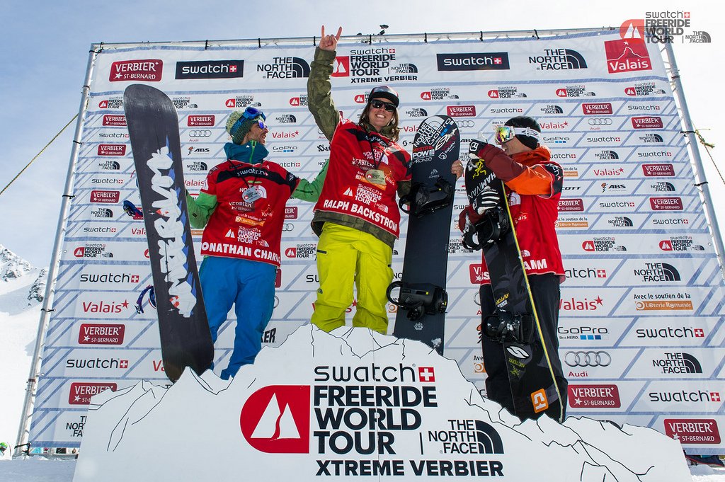 The 2014 Verbier Xtreme snowboard champions: Ralf Backstrom, Jonathan Charlet and Sascha Hamm