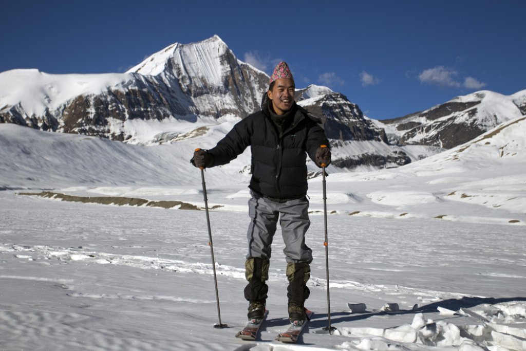 Nepalese glaciologist Tika borrows the WeatherBlog's skis for a photo.