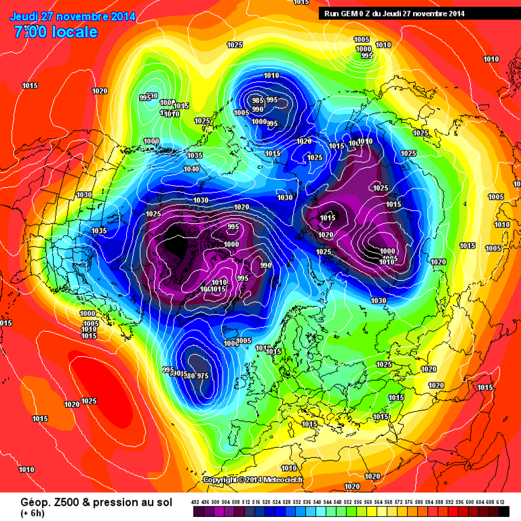 Northern hemisphere map, geopotential in 500hPa and ground pressure for Thursday (27.11.14)