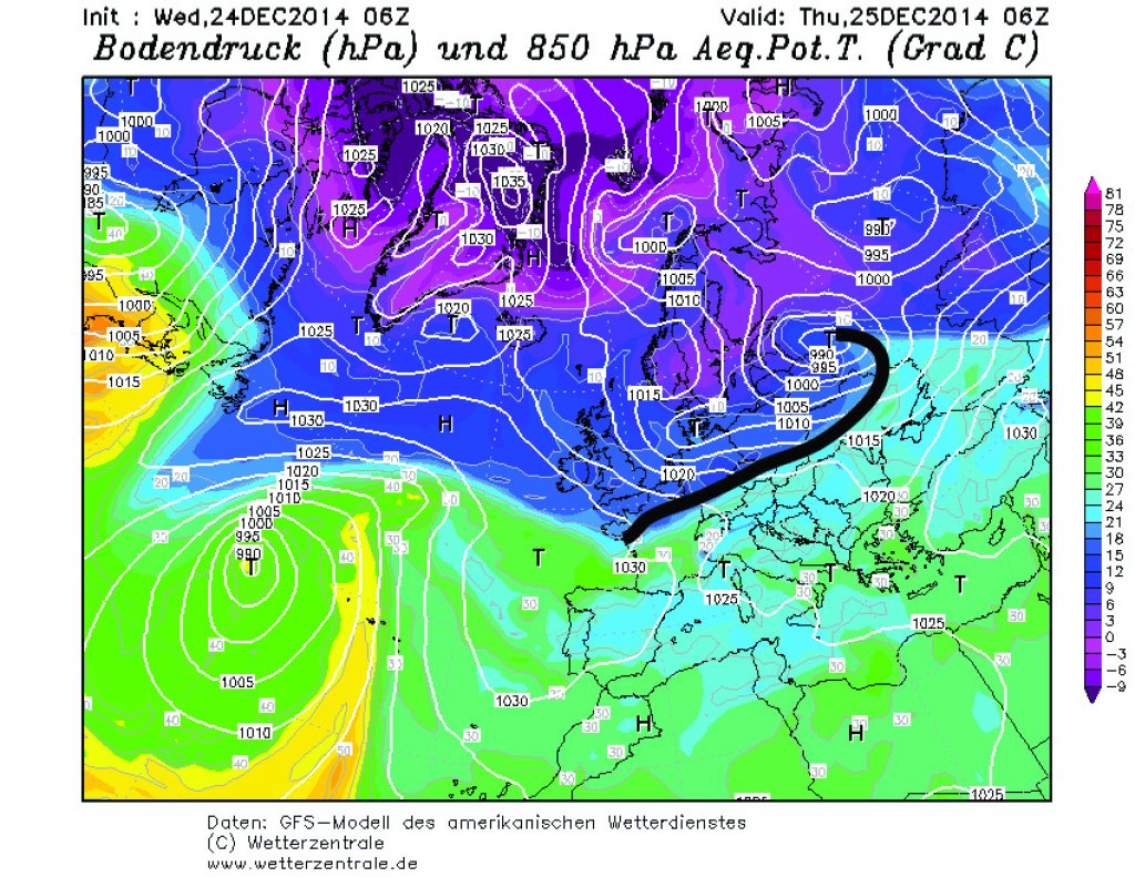 Ground pressure and 850hPa equivalent potential temperature. The black line (in the shape of a whip!) shows the approximate position of the cold front, which will bring falling temperatures and gradually some snow on Christmas Day.