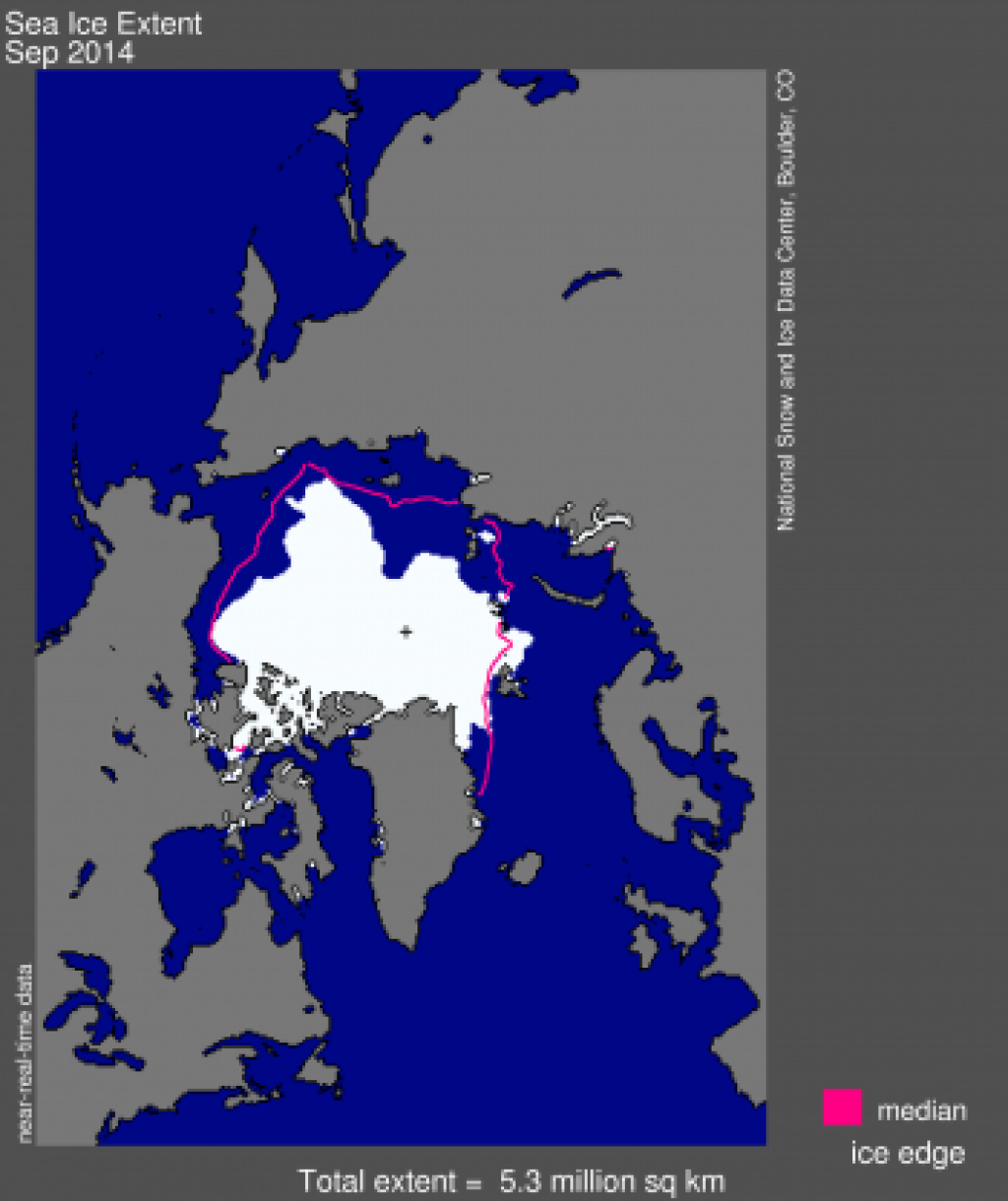 Extent of Arctic sea ice on September 17, 2014. The orange line shows the average extent 1981-2010.