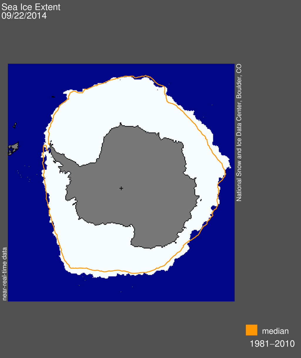 Extent of Antarctic sea ice in September 2014. The orange line shows the average extent 1981-2010.