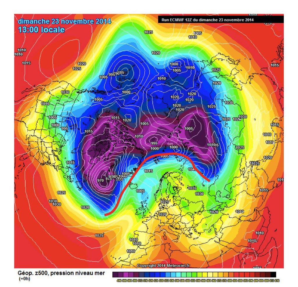 23.11.: More or less unchanged situation. Polar vortex now with a pronounced axis between Siberia and northern Canada. Third center disappears.