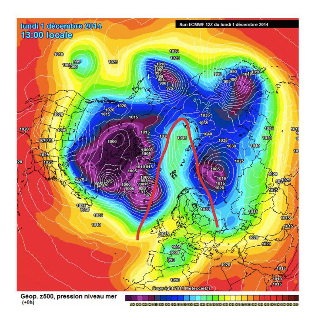 1.12.: Polar vortex shifted far south towards the USA, smaller centers everywhere except here.