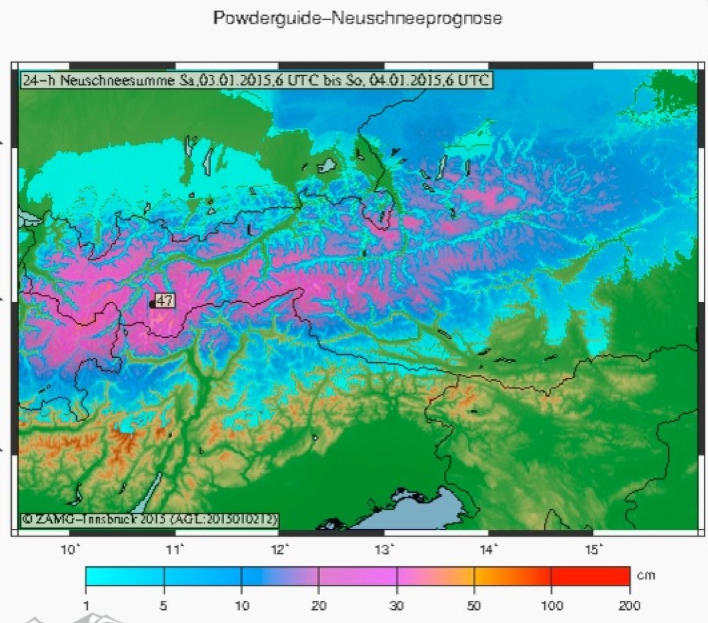 ZAMG fresh snow forecast for 3.1.2015 for the Eastern Alps