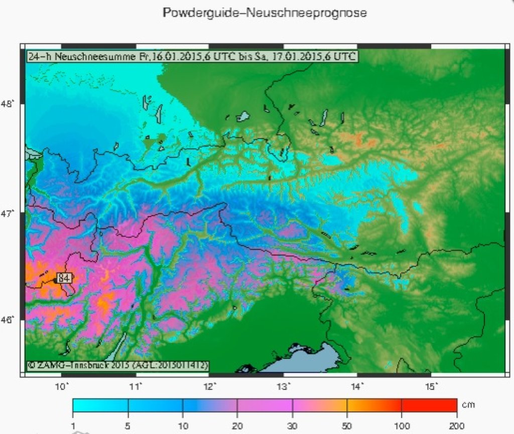 Fresh snow forecast from ZAMG for PowderGuide for the Eastern Alps (16.1.-17.1.2015)