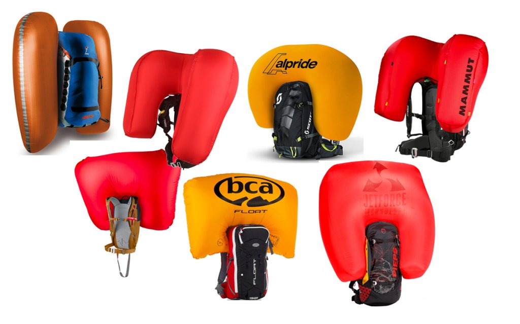 The avalanche airbag models and system types currently available on the European market for the 2014/15 season: (from left to right) ABS Twinbag, Mammut R.A.S., Snowpulse Lifebag, BCA Float, Scott Alpride, BlackDiamond and Pieps Jetforce, Mammut Protection Airbag