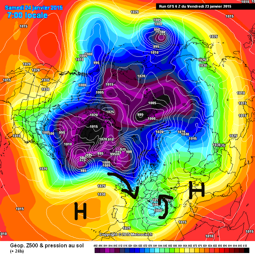 500hPa geopotential and ground pressure, circumpolar view GFS, Jan. 24 (Saturday). Everything is slowly shifting a little to the east, the flow is beginning to turn to the W, the Azores High is wedging itself to the north.