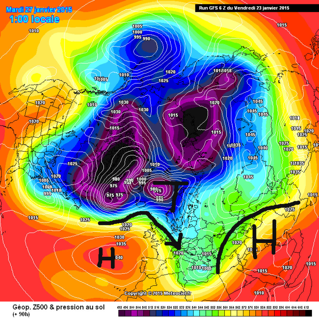 500hPa geopotential and ground pressure, circumpolar view GFS, 27.1. (Tuesday). Azores High now much stronger, air masses are directed southwards on the NE flank of the Azores High, i.e. NW/N flow in the Alps.