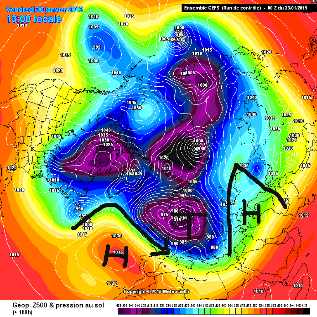 500hPa geopotential and ground pressure, circumpolar view GFS, 29.1. (Thursday). Strong undulation thanks to Azores and continental high. Very low geopotential over northern Europe, strong NW flow.