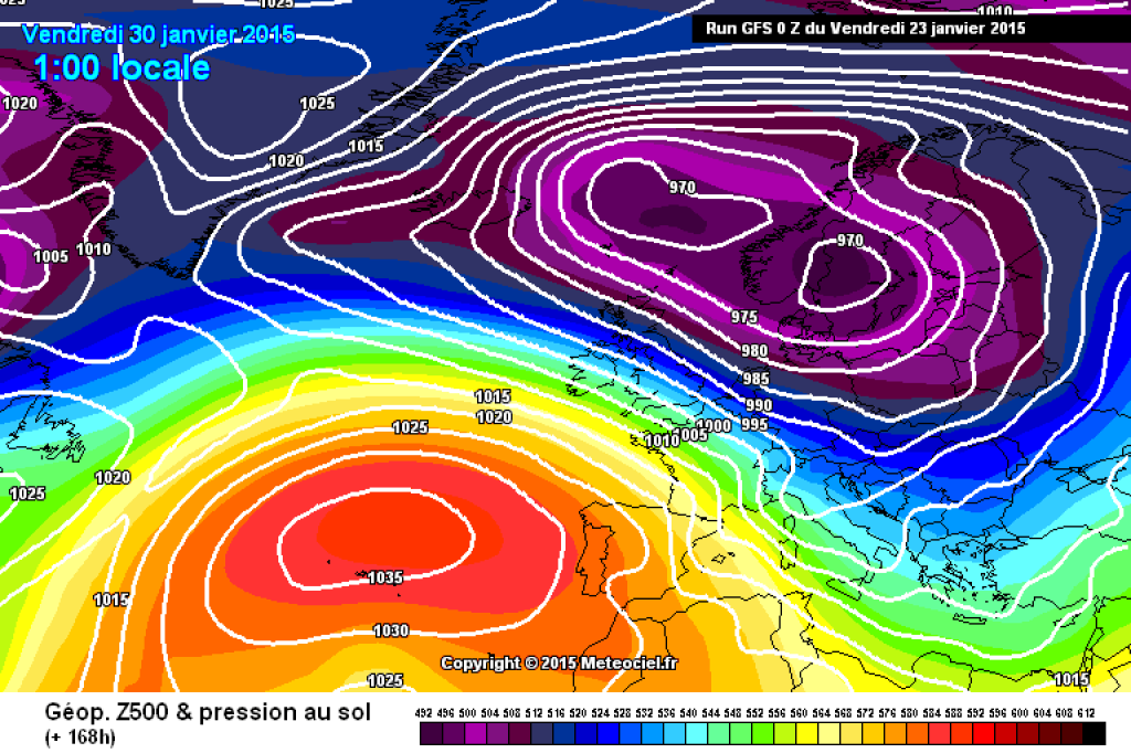 500hPa geopotential and ground pressure, Europe section GFS, Jan. 30 (Friday). Differences in exact position between ECMWF and GFS.