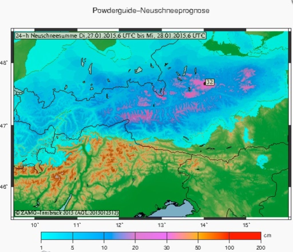 Fresh snow forecast for the Eastern Alps for Tuesday, 27.1.2015. At least the amounts forecast here are likely to fall on top of the centimetres of fresh snow that already fell on Monday