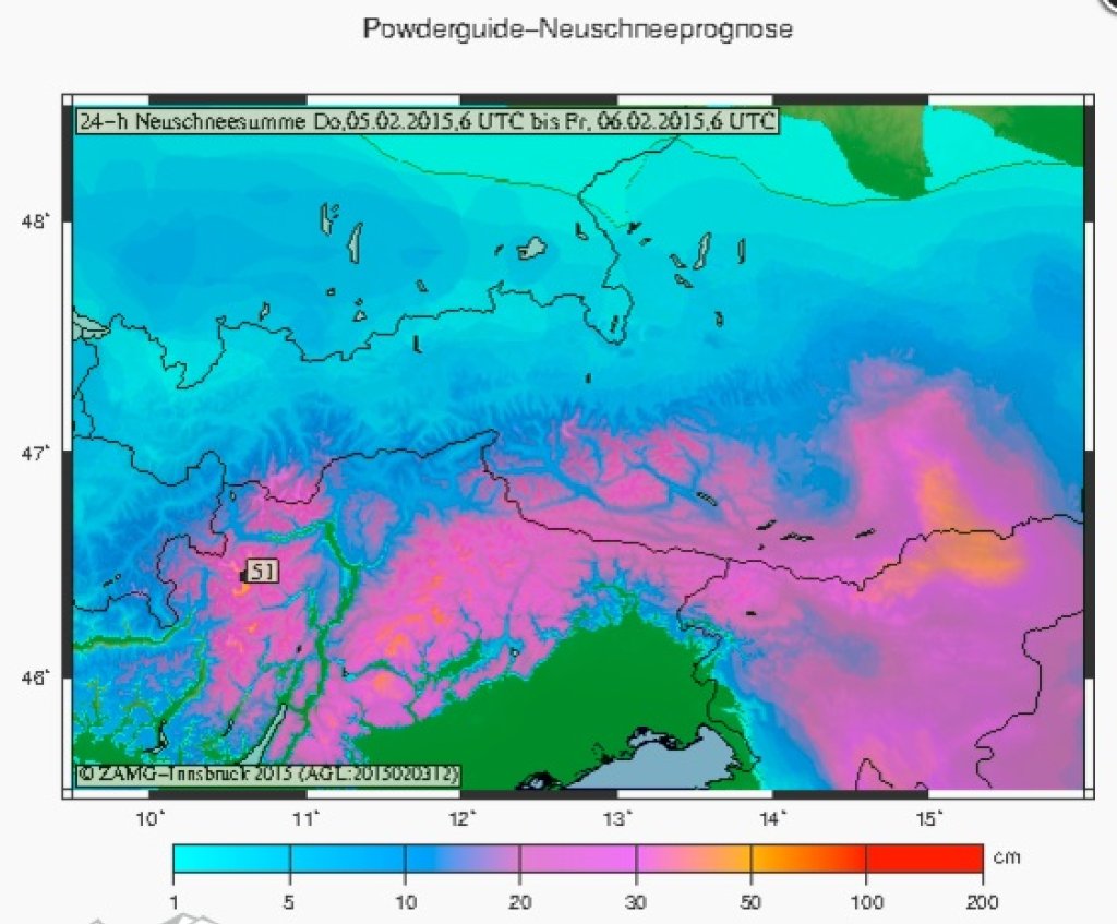 Powder forecast (especially) for the southern Eastern Alps for Thursday, February 5, 2015