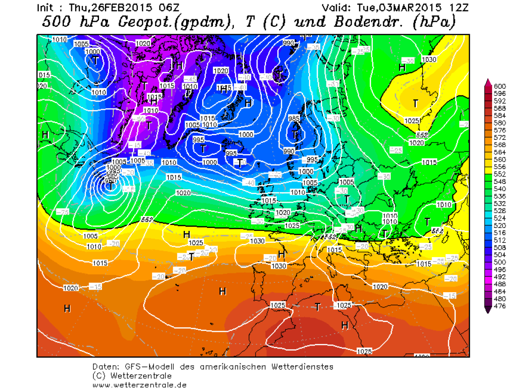 500 hPa geopotential and ground pressure, GFS forecast for Tuesday, March 3. The W/NW flow will remain.