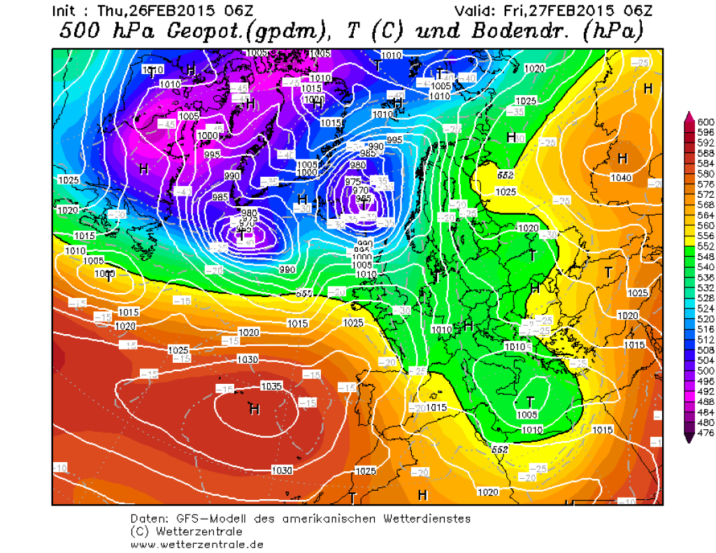 500 hPa geopotential and ground pressure, GFS forecast for Friday 27.2. A rather weak disturbance will bring some fresh snow.