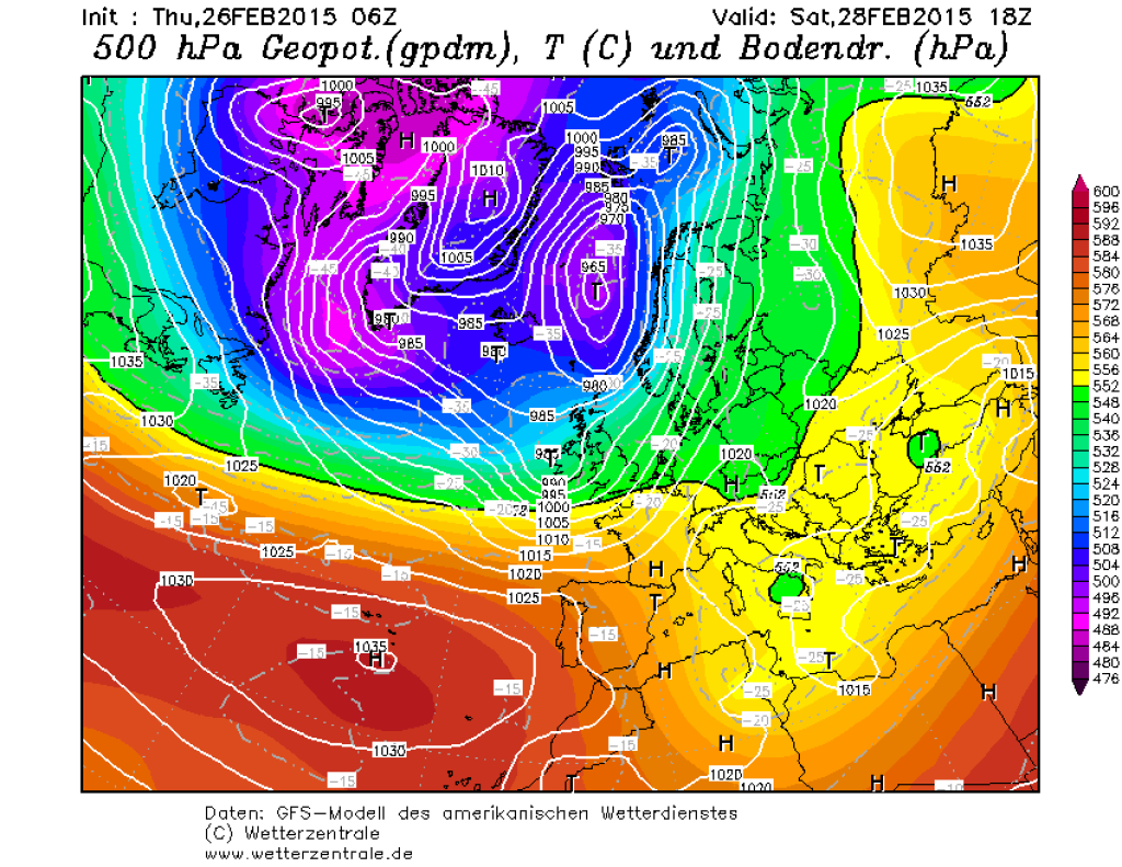 500 hPa geopotential and ground pressure, GFS forecast for Saturday 28.2. high pressure in the Alps.