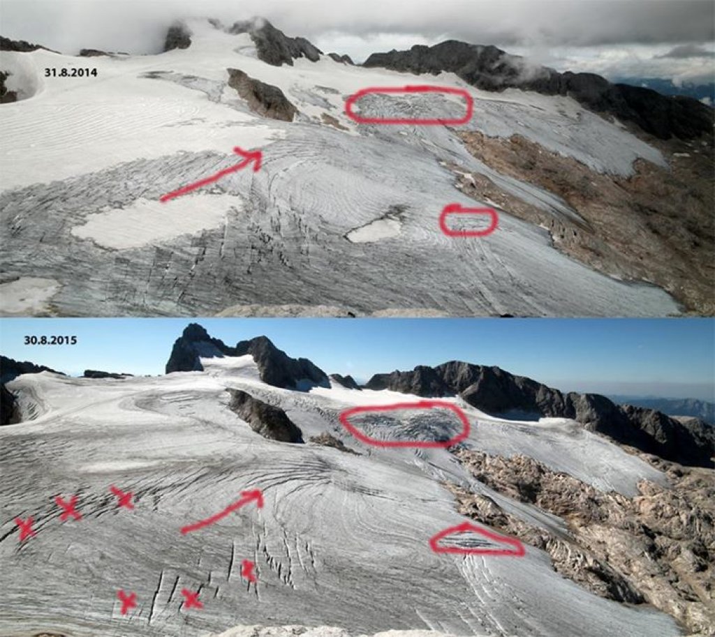 The Hallstätter Glacier on the Dachstein in summer 2014 and at the same time in 2015.