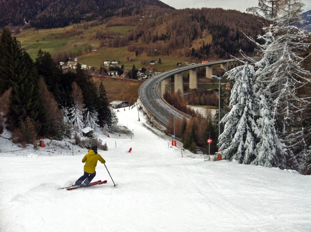 Fresh artificial snow and a view of the highway - could skiing be any better?