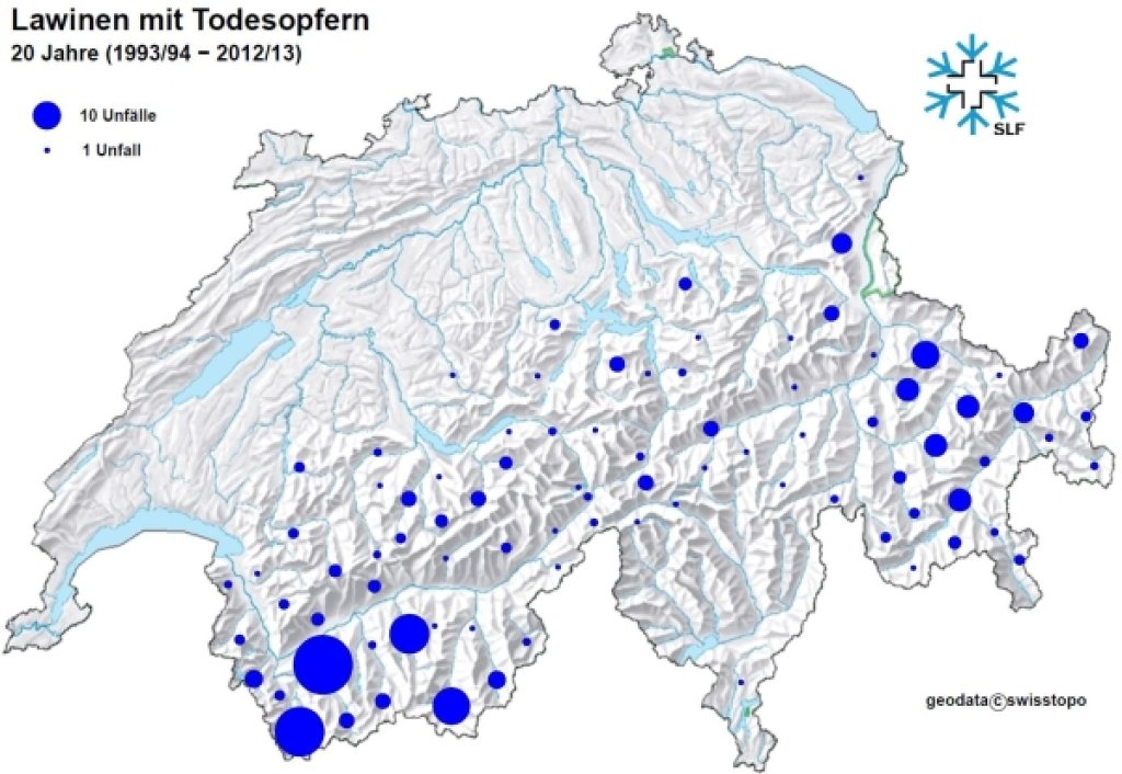 Regional distribution of fatal avalanche accidents (20 years from 1993/94 to 2012/13). The number of fatal accidents was counted for each of the more than 120 sub-areas that serve as the basis for the regionalization of the avalanche bulletin. The larger the symbol, the more accidents occurred in that region. Relief map: geodata©swisstopo.