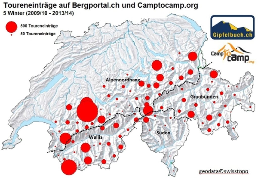 Regional distribution of tour entries on the two mountain portals www.bergportal.ch and www.camptocamp.org in the five winters 2009/10-2013/14. As in Fig. 1, the number of tour entries was counted for each of the 120 sub-areas. The larger the symbol, the more tour entries were made in a region. The boundaries (used here) of the Northern Alps, Valais, Graubünden and the South are also shown. Relief map: geodata©swisstopo