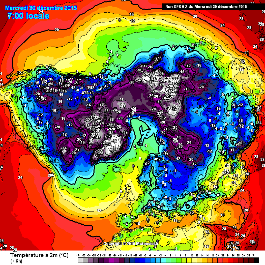 2m average temperature, northern hemisphere view, today, Wednesday. Unusually high temperatures at the North Pole.