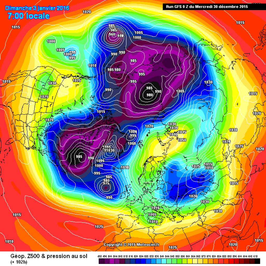 500hPa geopotential, northern hemisphere view, GFS forecast for Sunday.