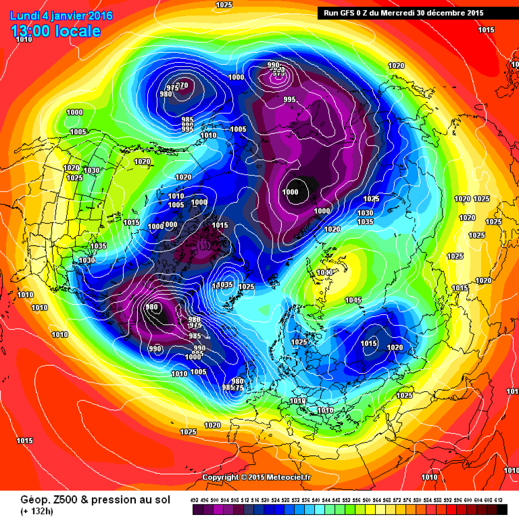 500hPa geopotential, northern hemisphere view, GFS forecast for Monday.