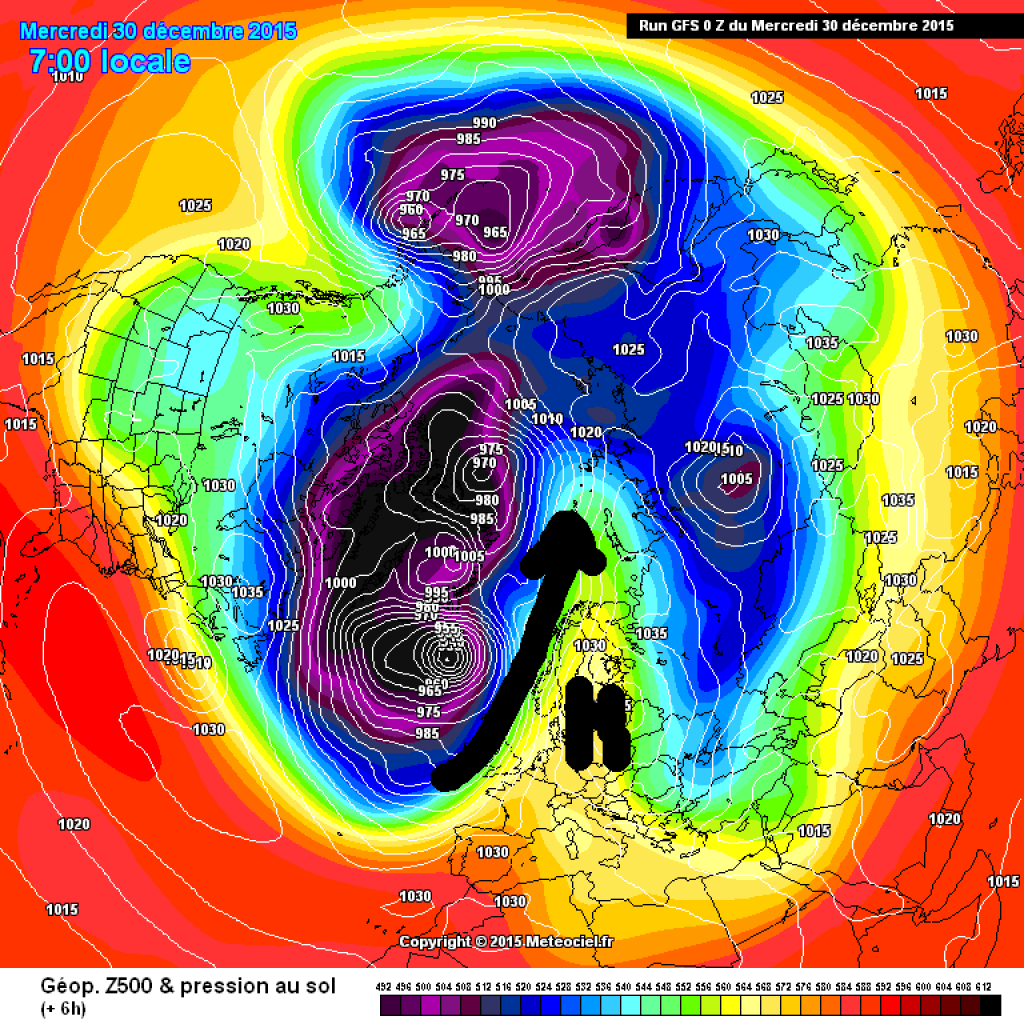 500hPa geopotential, northern hemisphere view, GFS forecast for today, Wednesday.