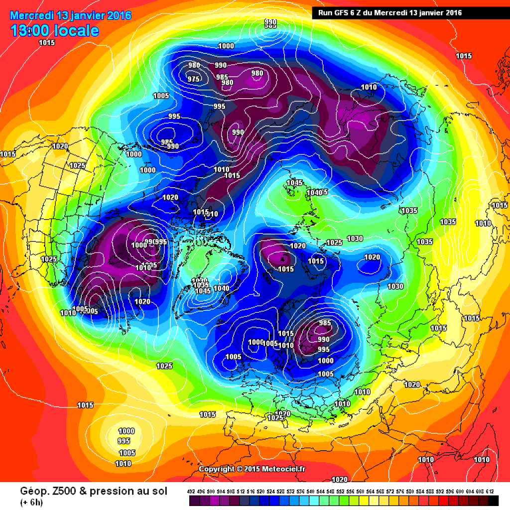 500 hPa geopotential and ground pressure, today Wednesday.