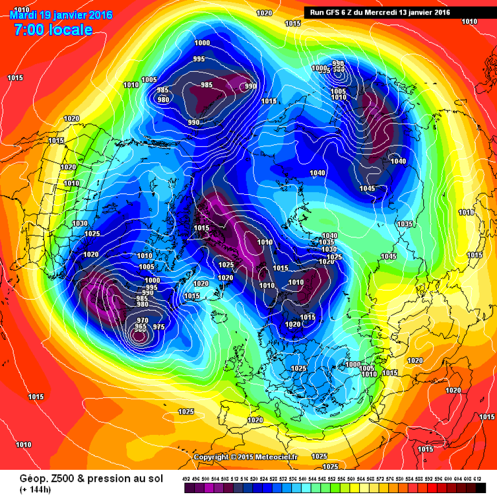 500 hPa geopotential and ground pressure, exemplary map for next Tuesday. Cold air from the east may flow into Central Europe, where a surface high will form.