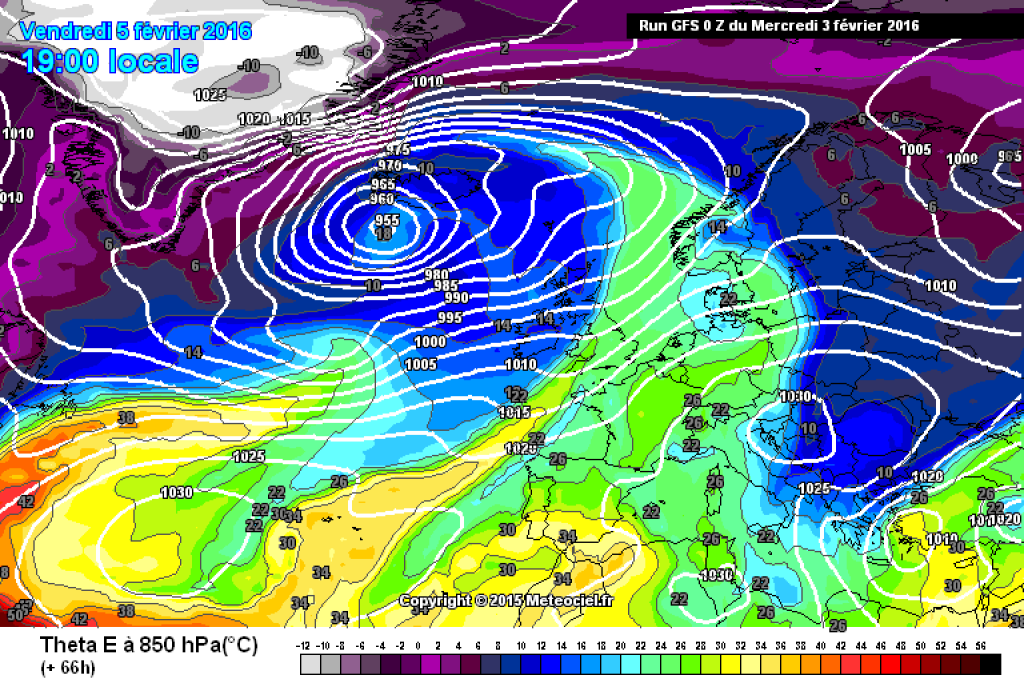 Theta E at 850hPa, Europe section, tomorrow, Friday, 5.3. warm front moving away.