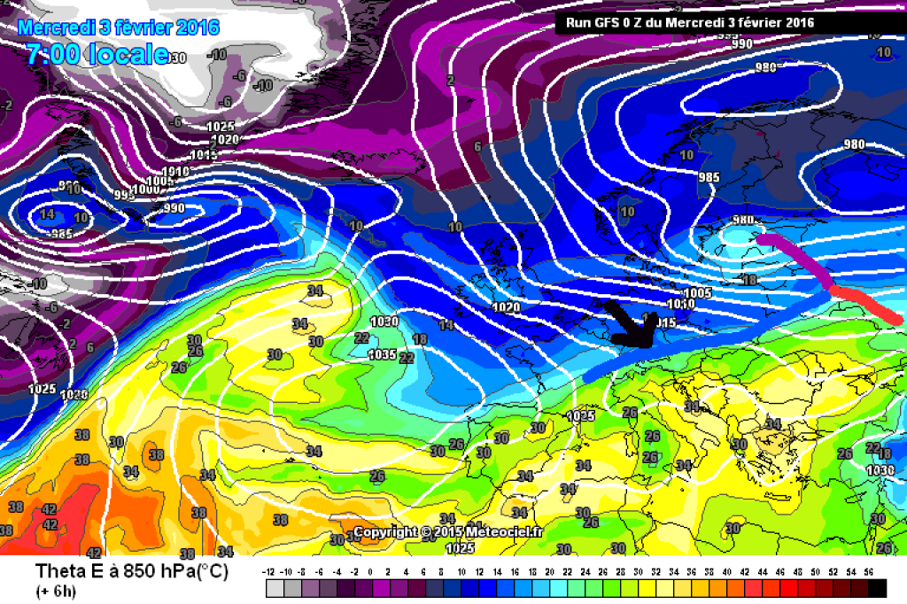Theta E at 850hPa, Europe section, today, Wednesday 3.2. cold front along the Alps.