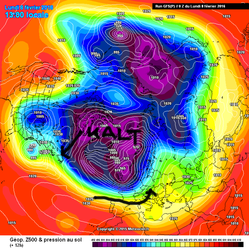 500hPa geopotential last Monday. Strong zonal flow over the Atlantic. Southerly component provides Föhn in the Alpine region.