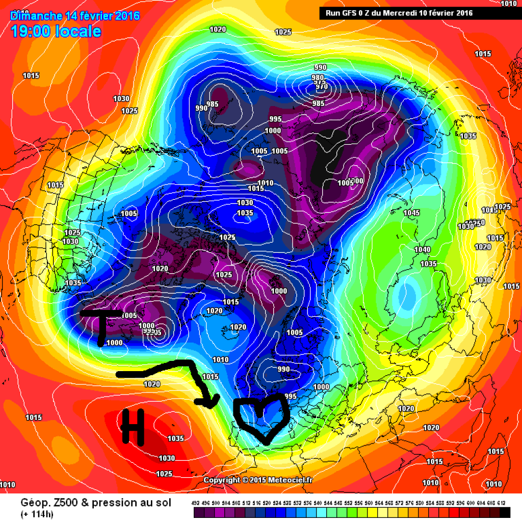 500hPa geopotential on 14.2.16: On Valentine's Day, the Azores High will begin to push northwards, bringing cold air to Central Europe. Initially, this will be particularly exciting for the Iberian Peninsula, but may also affect us later on. We wish you cool Valentine's Day dates in the Sierra Nevada and the Pyrenees!