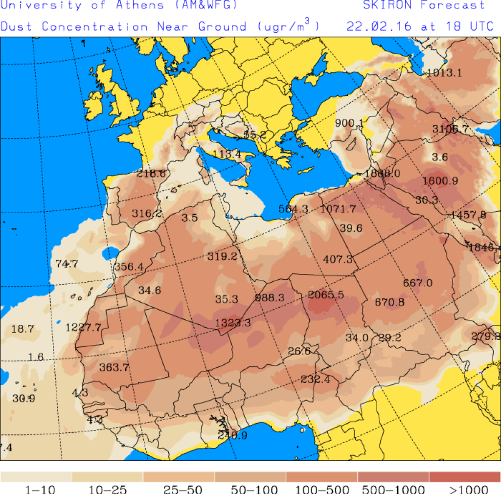 Dust distribution on 22.2. (Sunday). In the afternoon, Sahara dust caused somewhat cloudy, but still very warm weather. Skiron forecast.
