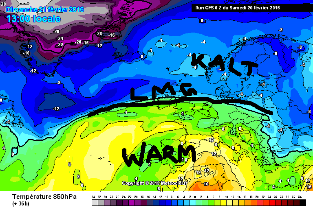 Temperature in 850hPa on Sunday. The entire Alpine region is now in the warm sector.