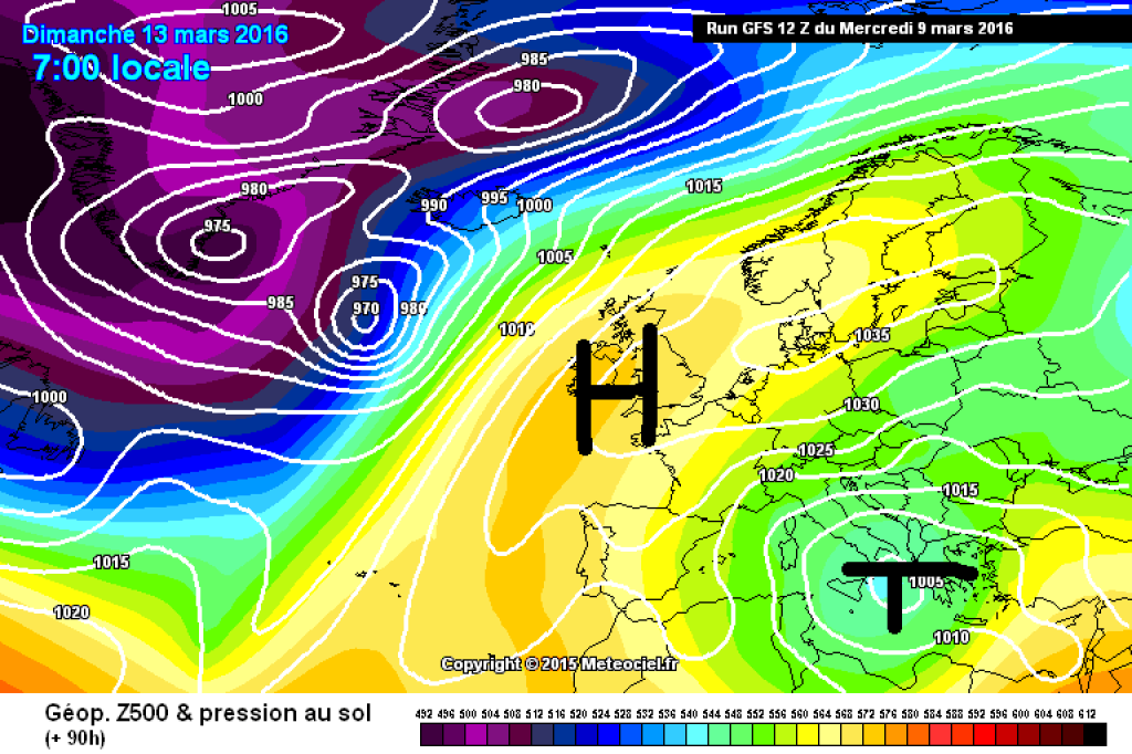 500hPa geopotential and ground pressure for Sunday, 13.3. The high pressure bridge is still in place and will ensure sunny weather in the western half of the Alps. In the east there will be clouds and a few snowflakes (low in the south) with strong easterly winds at times.