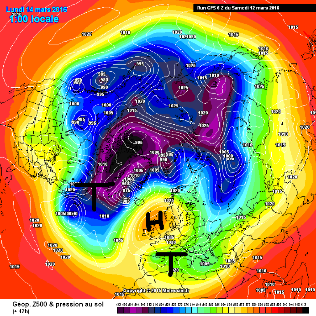 500hPa Geopotential and ground pressure on Monday, March 14: General weather situation: a cold air advance over eastern Canada is directing warm air to the north. The high supported by this blocks the westerly drift.