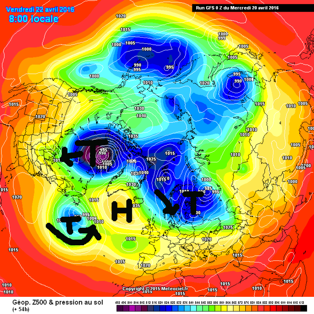 500hPa geopotential and ground pressure, Friday (22.4.16): High pressure continues to build, increasingly unsettled in the Alps.